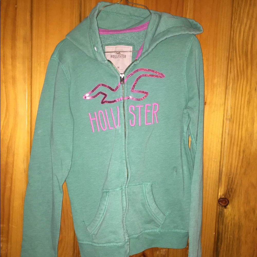 Hollister green and pink zip up hoodie